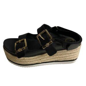 The Wishbone Collection Women's Black Leather Espadrille Wedge
